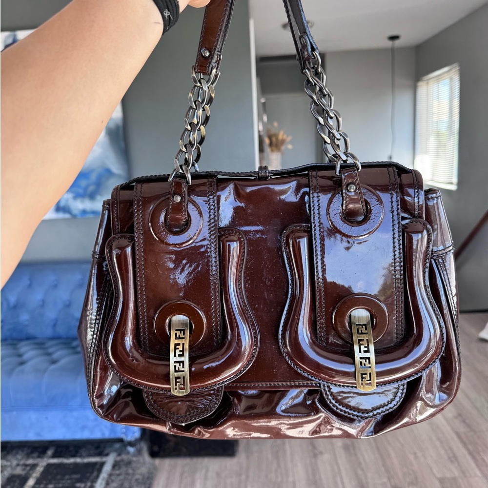 Fendi burgundy letter B Pattent leather top double chains handle size Medium